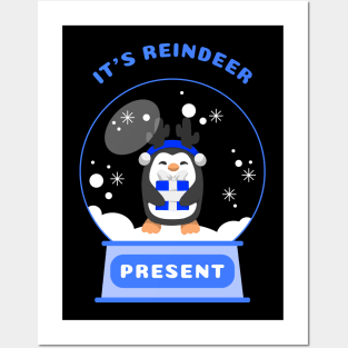 It Is Reindeer Present Penguin (Blue) Posters and Art